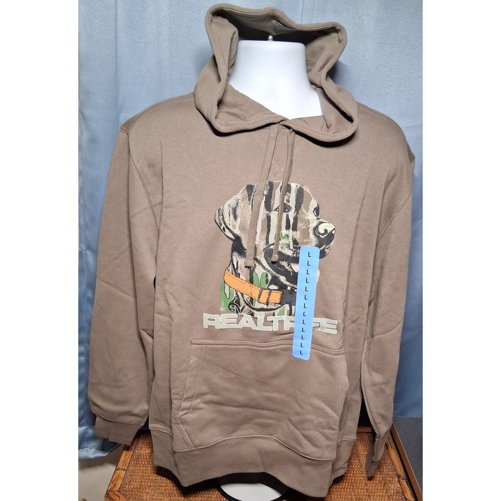Realtree Mens Hoodie Brown Camo Dog Graphic Fleece Sweatshirt Large NWT